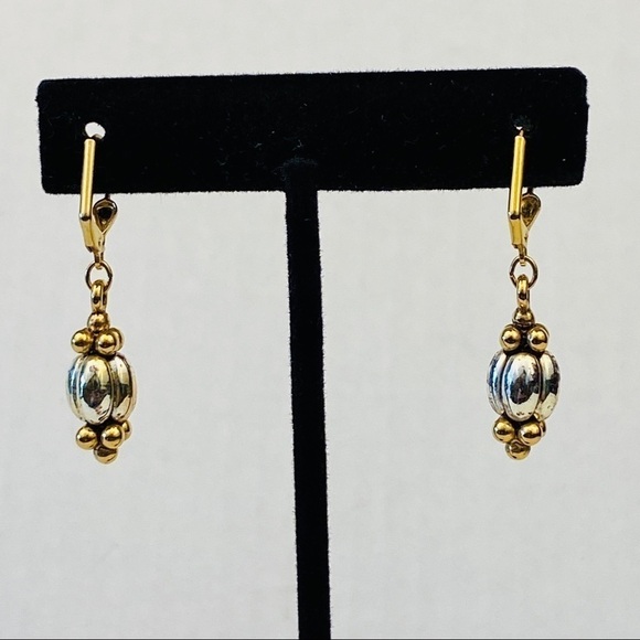 Earring dangle silver and gold cabochon and dragées. With lever back hooks - Picture 5 of 7